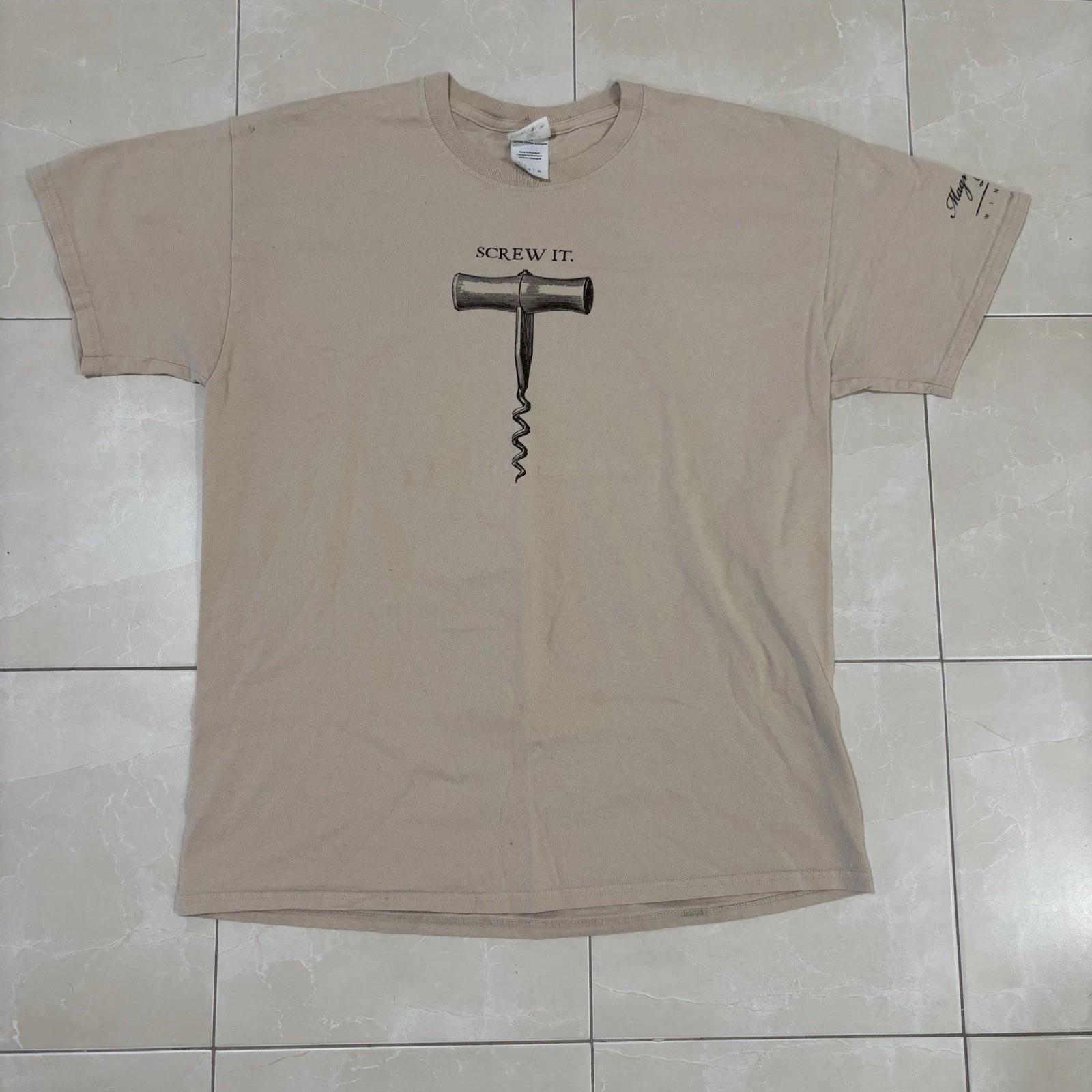Vintage ‘Screw It’ Funny T Shirt Wine Drinking Party Frat Comedy Men’s L Tan Y2K 3XL