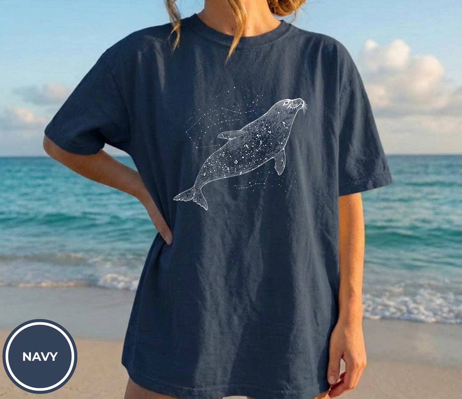 Constellation Seal T-shirt | Astral Seal Illustration, Nautical Ocean Tee, Sea Animal Lover T-Shirt 2XL
