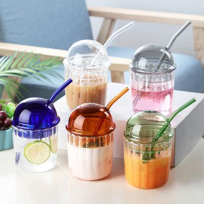 Boba Cup Bubble Coffee Mug,Drinking Jar with Lid Straw,Wide Mouth Amber Glass Tumbler Water Bottle for Iced Juice Beverages,15oz
