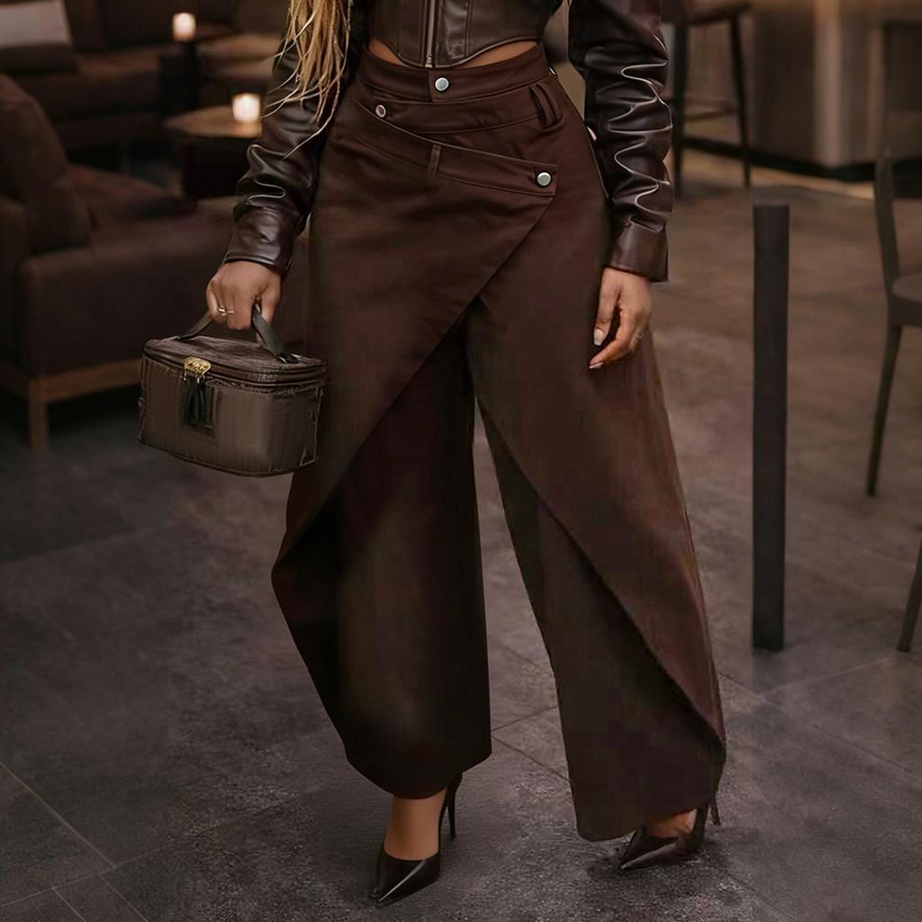 Damen Mode Lässig Vintage Weite Hosen Hohe Taille Lockere Passform Fließende Hosen Knopf Detail Leichter Stoff