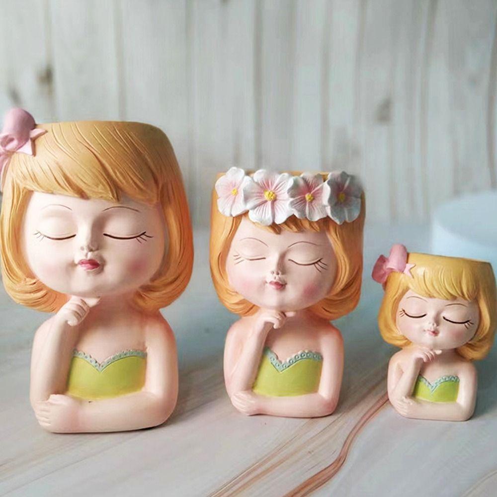 Resin Fairy Flowerpot Girl Statue Succulent Planter Pot Face Planters Pots  Office
