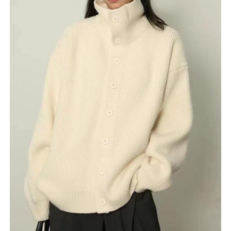 Autumn Winter High Collar Solid Color Sweater Ladies Loose Casual Buttons Knitting Outwear Female Cardigan Top