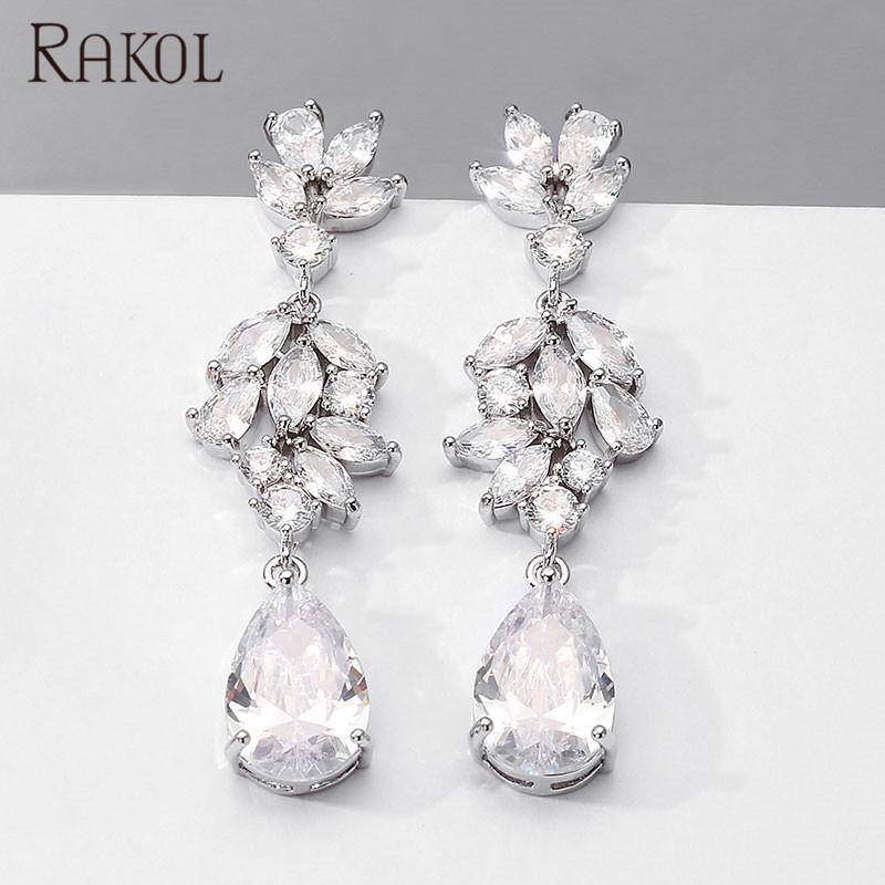 RAKOL  EP5116  New Arrival  Silver Plated Earrings Waterdrop Copper with Zircon Earrings for Women Flower Clear Water Drop Ear