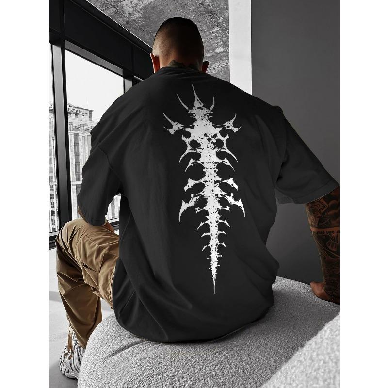 European Size Men's Gothic Geometric Print T-Shirt, Casual Street Style, Round Neck, Loose Fit