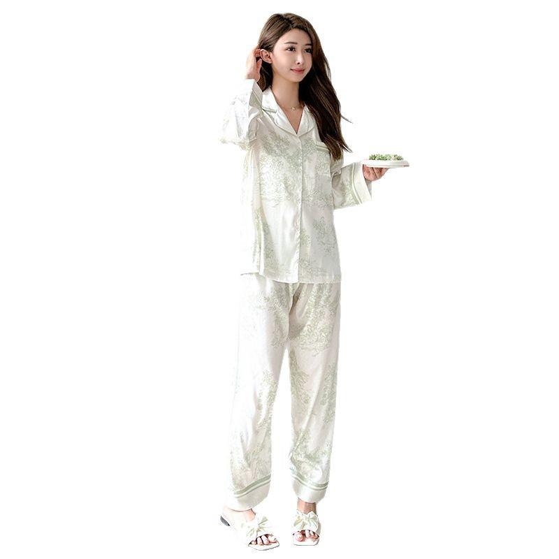 1011 new green ink pajamas women's fresh wind long-sleeved trousers lapel breathable cardigan loungewear set