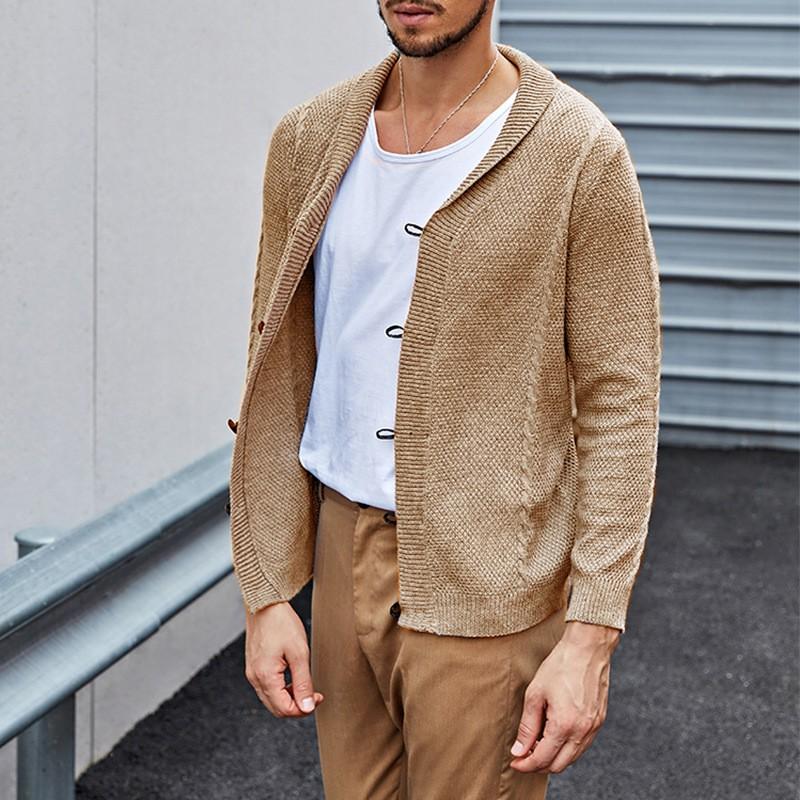 

Мужской уличный повседневный свободный кардиган с воротником, кожаными пуговицами, однотонный вязаный свитер с длинным рукавом и скрученным узором L хаки