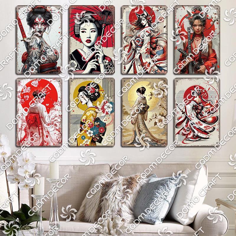 Retro Japanischer Stil Poster Metall Blechschilder Kimono Schönheiten Japanischer Samurai Vintage Metallplatte Wanddeko Club Bar Man Cave