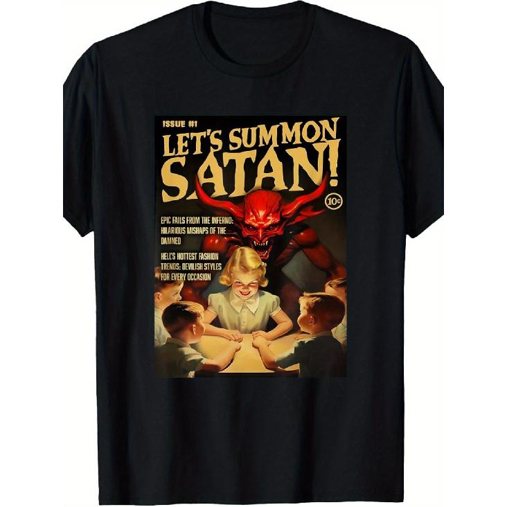 Let's Summon Satan 1950s Horror Comic Cover T-ShirtSame Style for Men and Women 2025 Summer Short-sleeved Printed T-shirt Pure 220G, Casual Summer