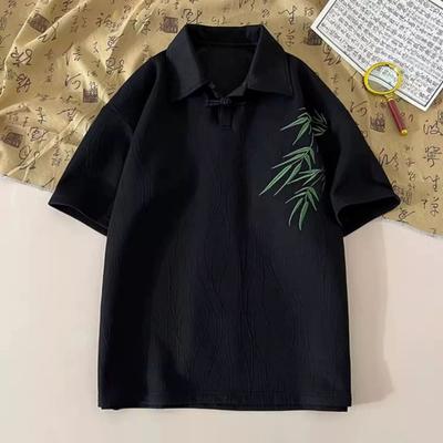 Camiseta Masculina Estilo Chinês Manga Curta Lapela Camiseta Retrô Corte Solto Camiseta com Padrão de Bordado de Bambu para Uso Diário Rua