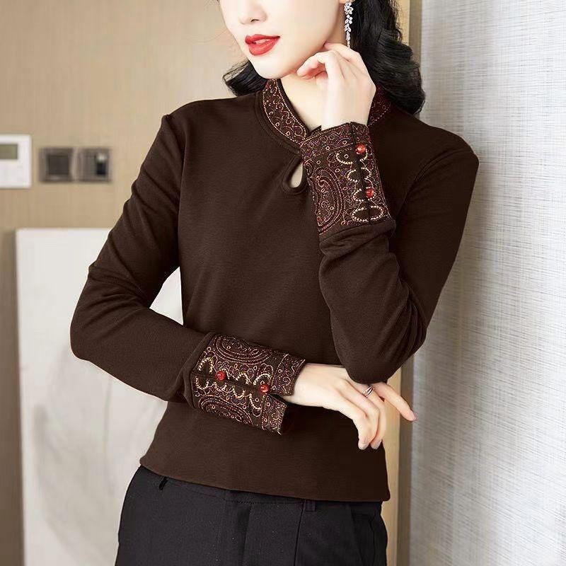 Temperament Embroidered Stand Collar Chinese Style Women's Chinese Retro Literary Long-sleeved Autumn and Winter Bottoming