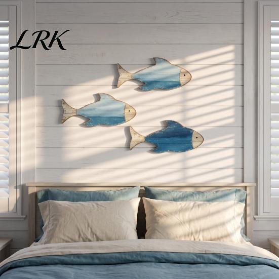 Nautical Home Decor 3Pcs Rustic Wooden Fish Wall Decor, Coastal Hanging Art, Handcrafted Sculptures Mediterranean Beach Themed Decoration for Bathroom