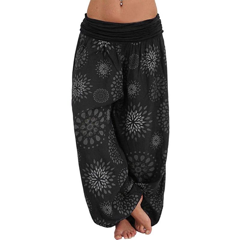 Women's Boho Mandala Print Harem Pants High Waist Fold Over Waistband Loose Wide Leg Long Casual Beach Trousers Summer Holiday Lounge Pants