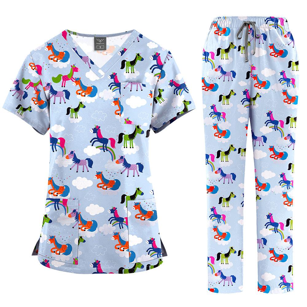 Flerfärgade Joggingdräkter Läkare Sjuksköterskeuniformer Kortärmade V-ringade Toppar Fickbyxor Sjuksköterskeskrubbar Set Medicinska Kliniska Kläder