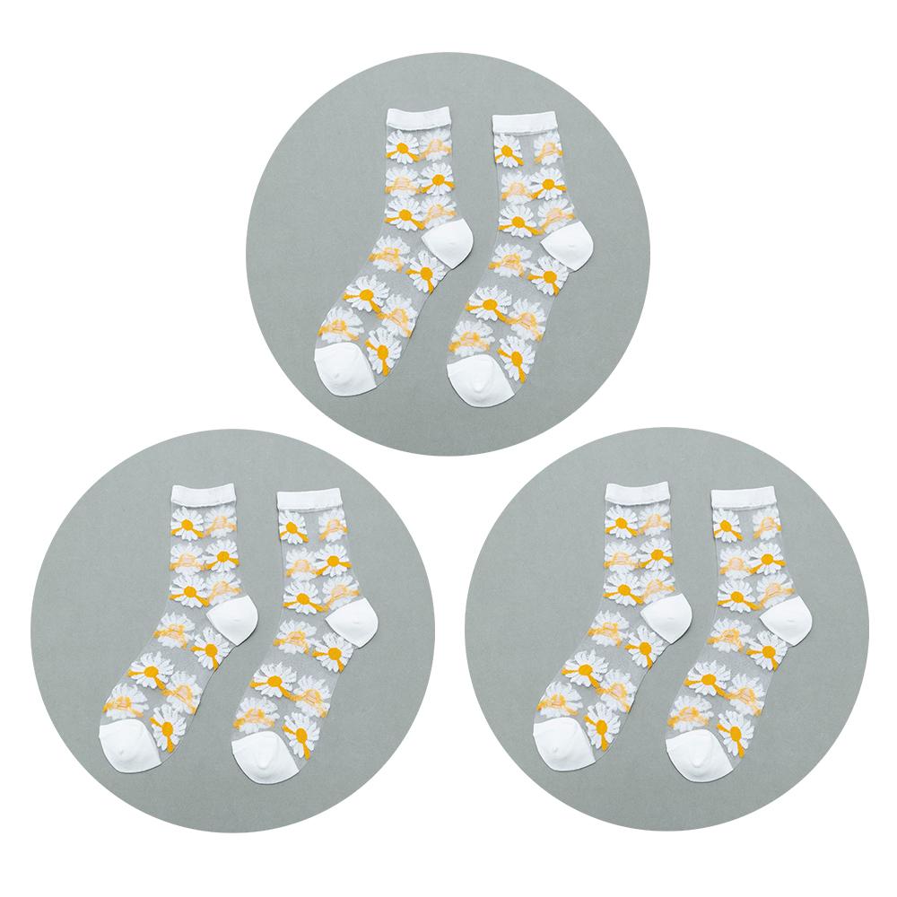 3 Pairs Of Women's Flower Socks Summer Crystal Glass Stockings Medium Short Tube Thin Transparent Daisy  Jacquard Elastic  Socks