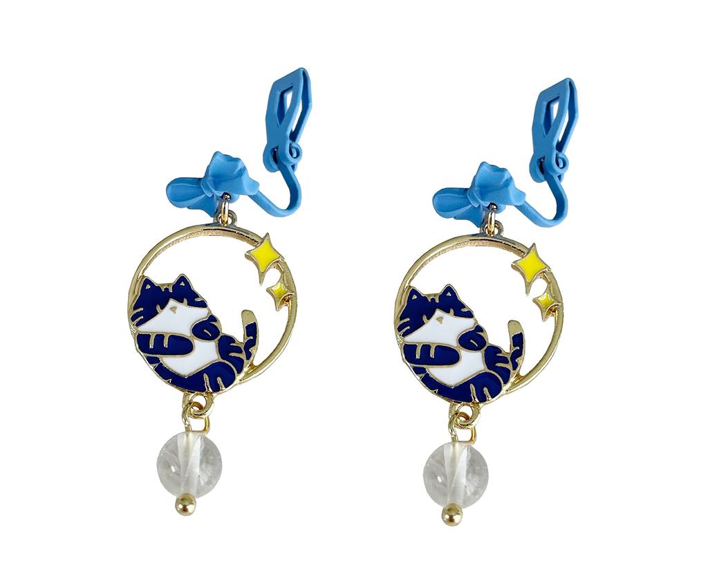 Feel Cat and Blue Ribbon for Cute Gift "Marble Earrings" Women, Cat, (Earrings)
