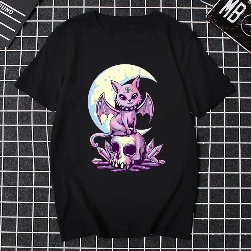 Katze Pastell Goth Mond Kawaii Halloween Schädel Lila Hexe Damen Kleidung Weiblich Klassische Ästhetik Grafik T-Shirts Freundin Geschenk