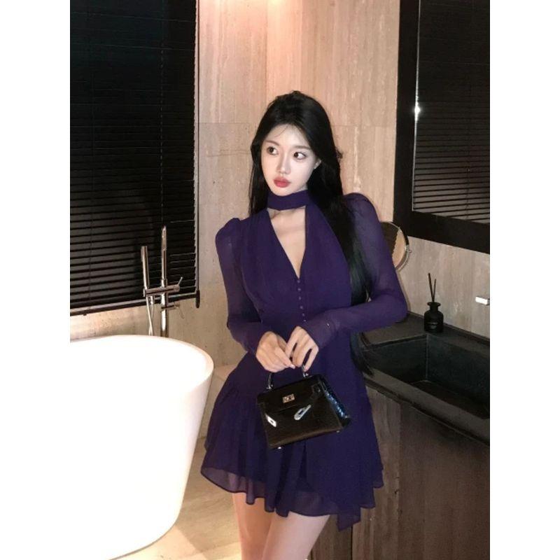 

Xzy/Xin Zhengyan Slightly Oversized Girls Pure Desire Elegant Purple V-Collar Long Sleeves Dress Female Summer Adult Lady like Woman Sexy Skirt Purple S