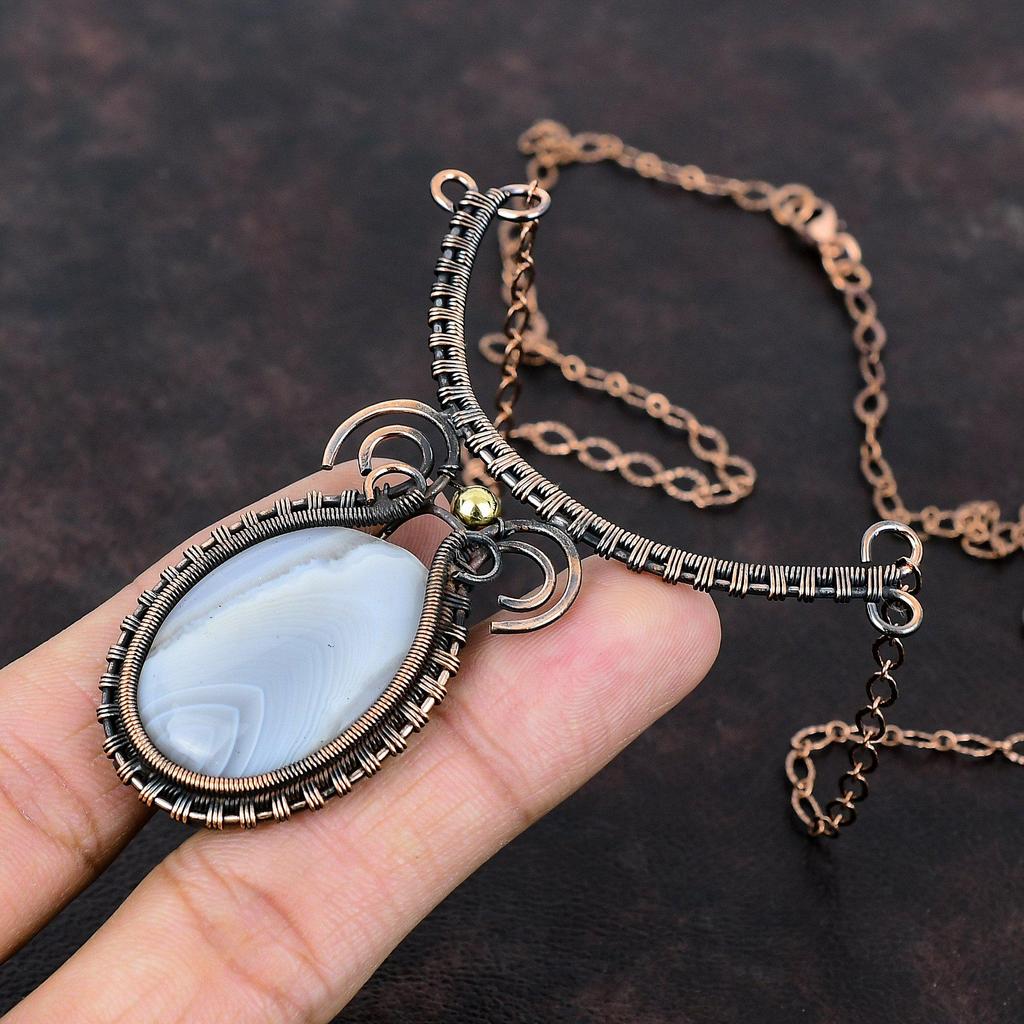 Mexican Laguna Lace Agate Necklace Copper Wire Wrapped Necklace Adjustable Necklace Handmade Jewelry Gemstone Necklace Copper Wire Jewelry