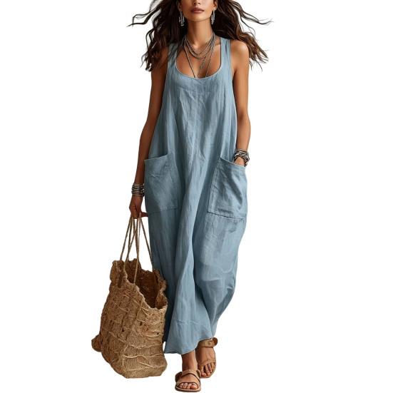 Summer Maxi Dresses for Women, Square Neck Sleeveless Casual Loose Long Dress, Beach Vacation Sundress with Pockets