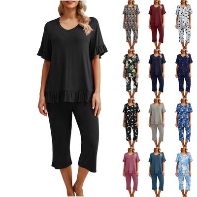 Womens Pajama Set Short Sleeve Shirt Sleepwear Ladies Three-quarter Pants With Pockets