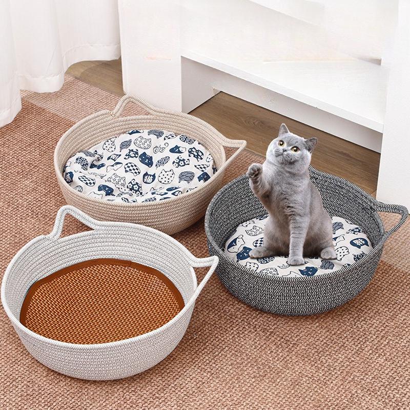 Cotton Rope Woven Cat Bed Basket Dual‑handle Nest with Cushion Cooling Pad Scratch‑proof for Indoor Cats All Season