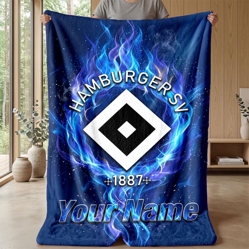 Hamburger SV Custom Name Text Flannel Blanket Soccer Logo Personalized Fleece Throw Blanket Special Gift For Sofa Bedroom Home