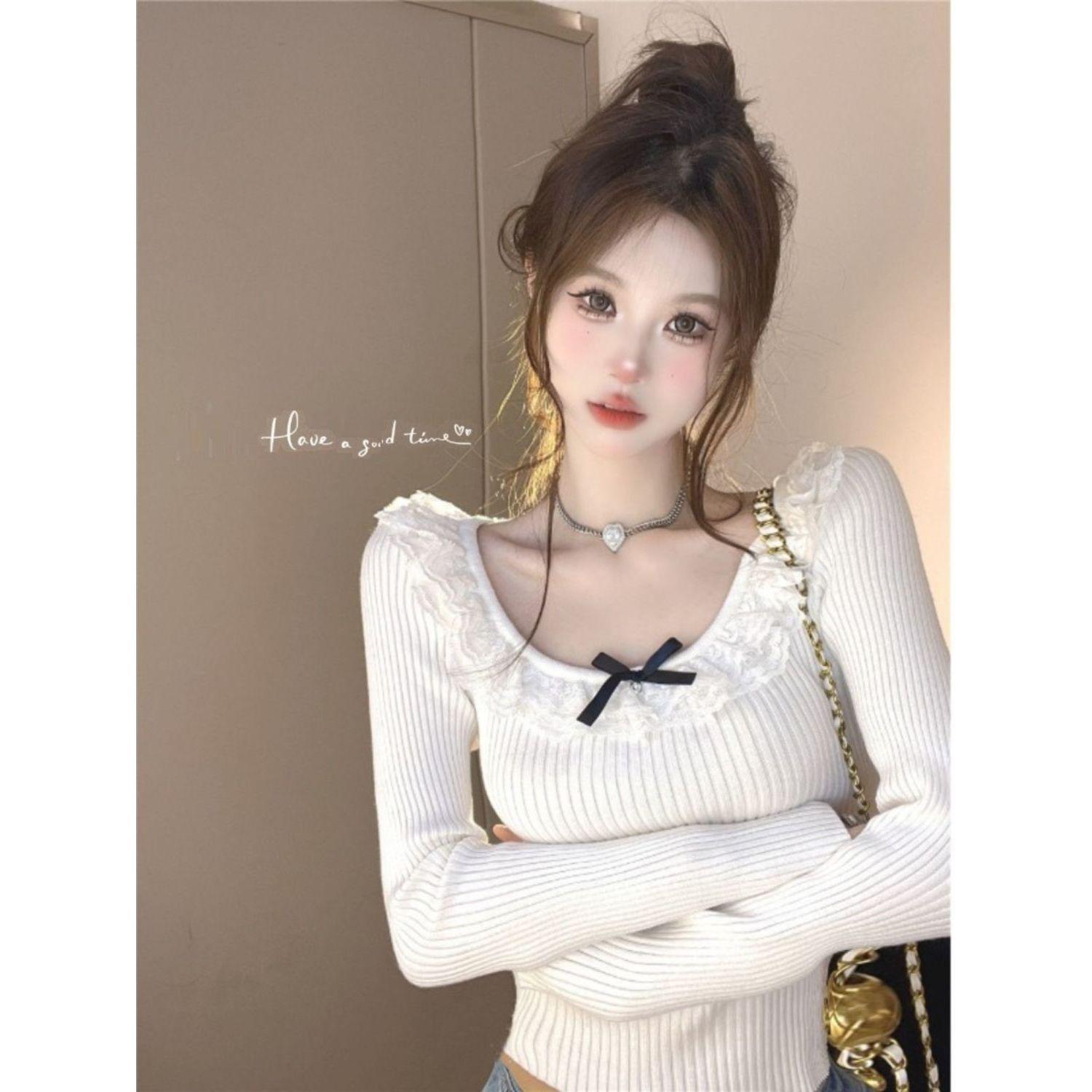 

Autumn & Winter French Slim Fit Knitted Lace Bow Top for Women One Size