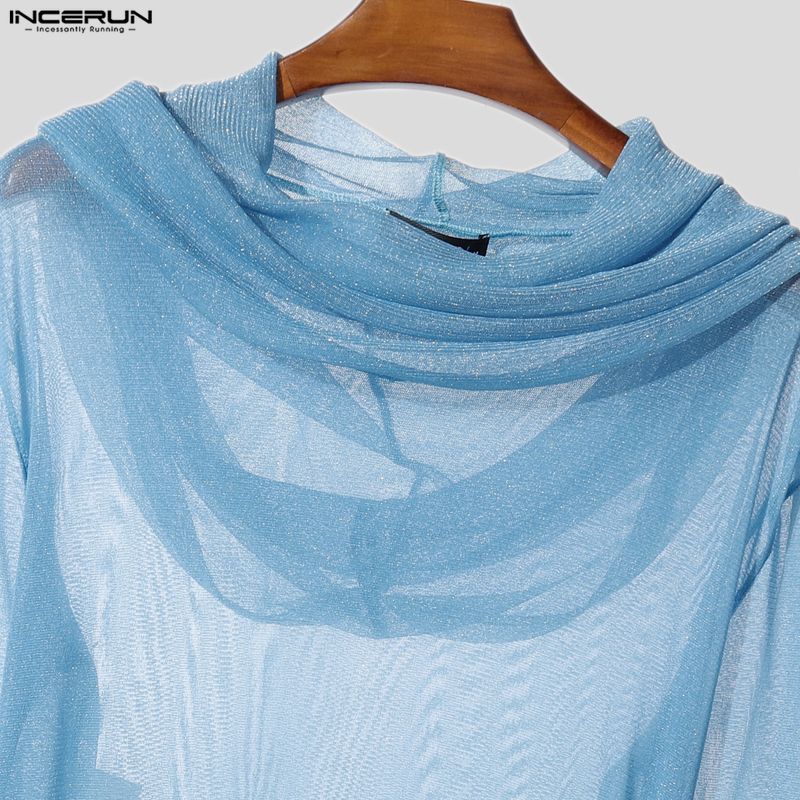 INCERUN Men Long Sleeve Mesh Sheer Lace Glitter Casual Hooded Ruffled Tops T-shirts