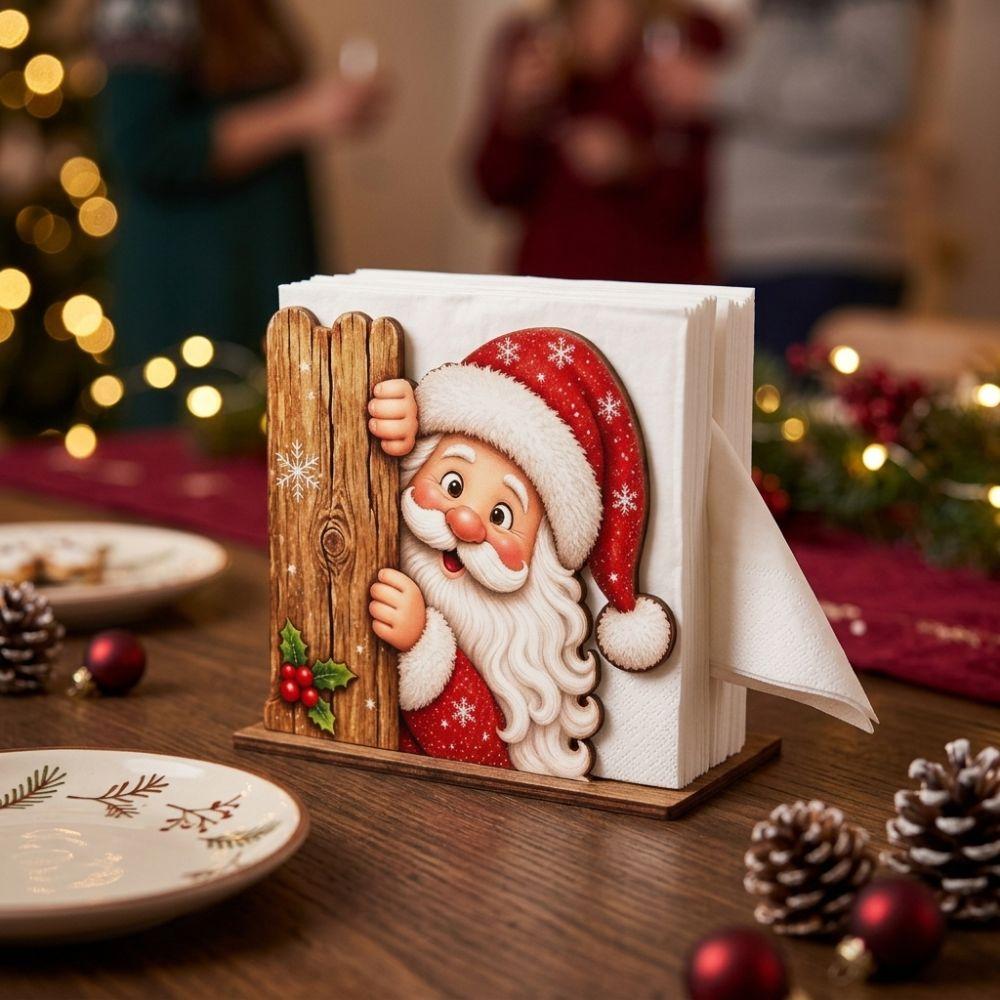 Snowman Peeking Santa Napkin Holder 2D Flat Christmas Napkin Stand Holiday Decor