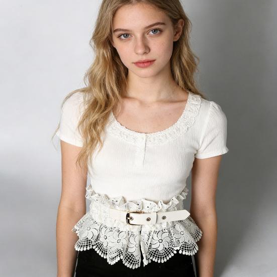 Women Belt Embroidery Lace Splicing Adjustable Fit Wide Elastic Belt Breathable Lace Imitation Leather Waistband Versatile Accessory