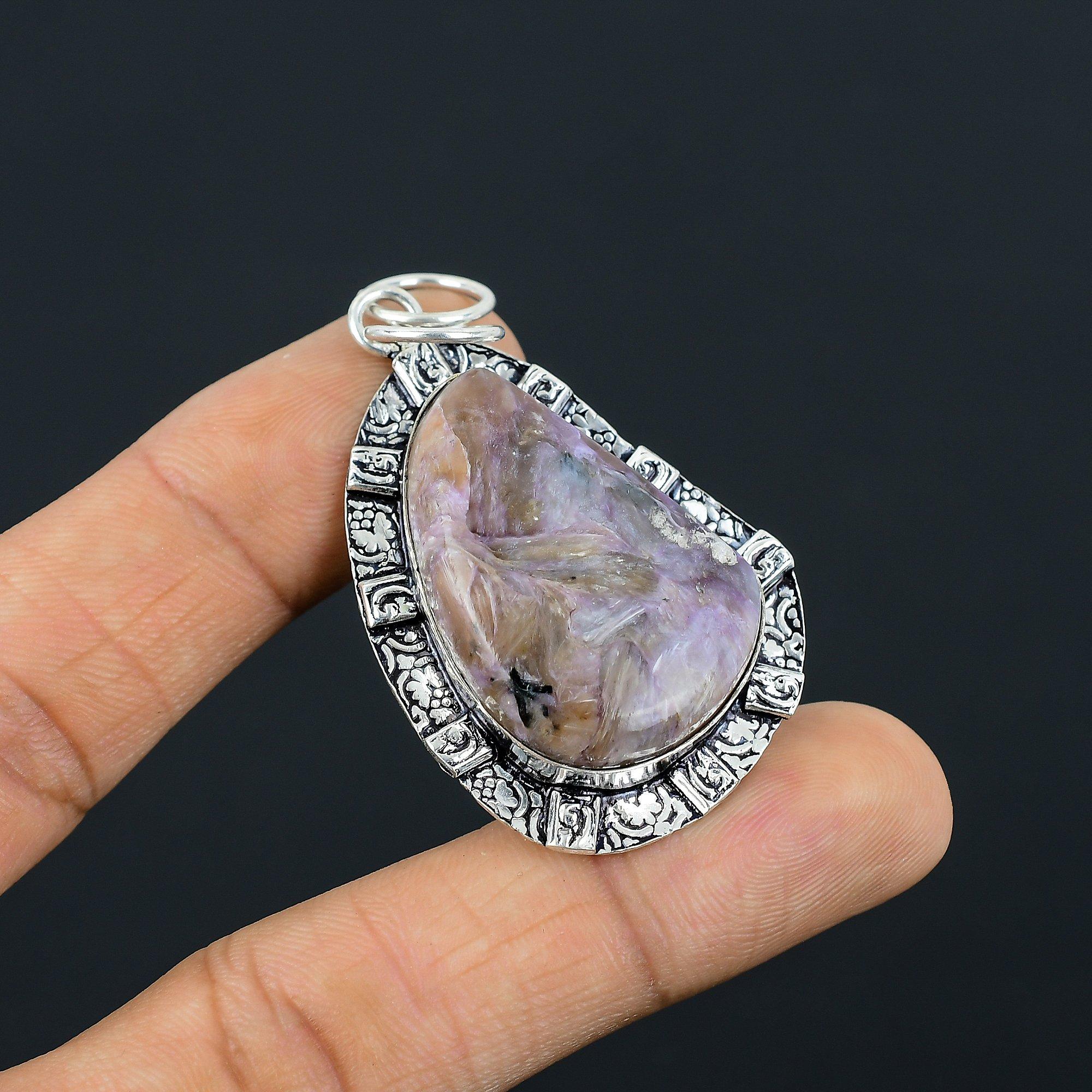 

925 Silver Charoite Gemstone Bezel Birthday Sister Engagement Wedding Pendant