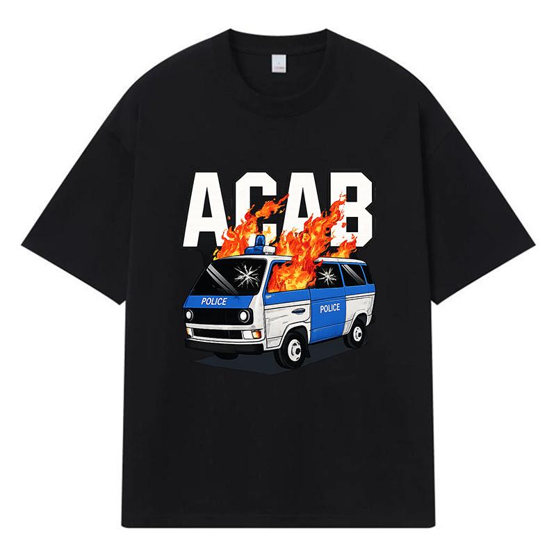 2026 Police Van With Fire Printed Graphic Y2k Harajuku Streetwear 100% Cotton T Shirt Casual Oversized Summer Men T-shirt
