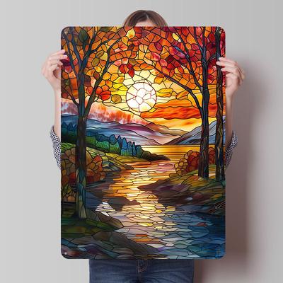 Stained Glass Landscape Tinplate Posters Customizable Wall Art Retro Vintage Metal Signs for Home Room Mancave Decoration Garage