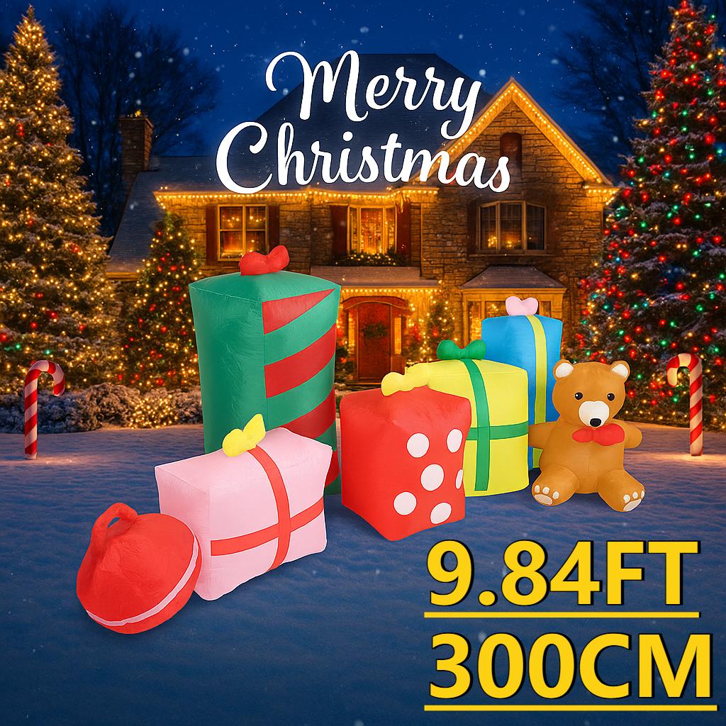 9.84FT Yard Party Decoration Inflatable Teddy Bear Gift Box Toy LED Light Xmas Home Ornament Supplie Christmas Holiday Gift