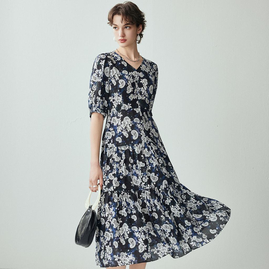 16mm Double Crepe Silk 26 Summer V-neck Fashion Jacquard Skin friendly Elegant Dress for Women