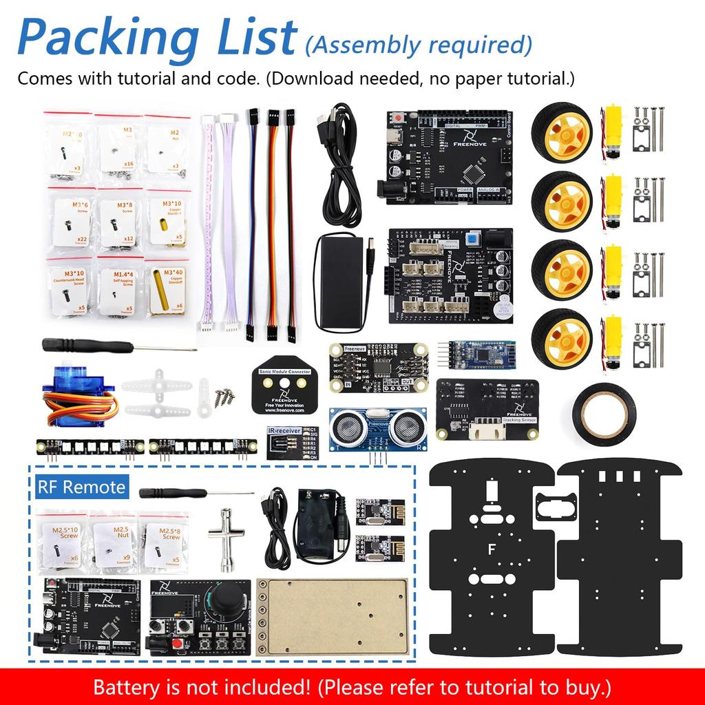 Freenove 4WD Car Kit Remote Arduino IDE Line Obstacle Wireless Control Ultrasonic and Servos (with Control) - Compatible, Tracing, Avoidance, App,