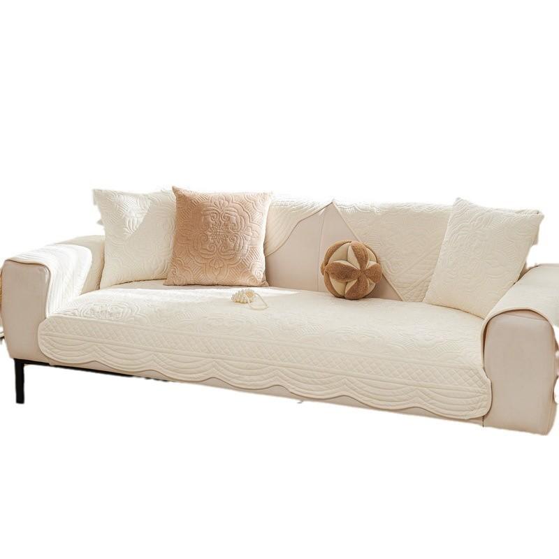Light Luxury Autumn And Winter Plush Non-Slip Sofa Cushion Simple Embroidered Leather Sofa Towel Cover Warm Seat Cushion Cover Cloth Cream Wind