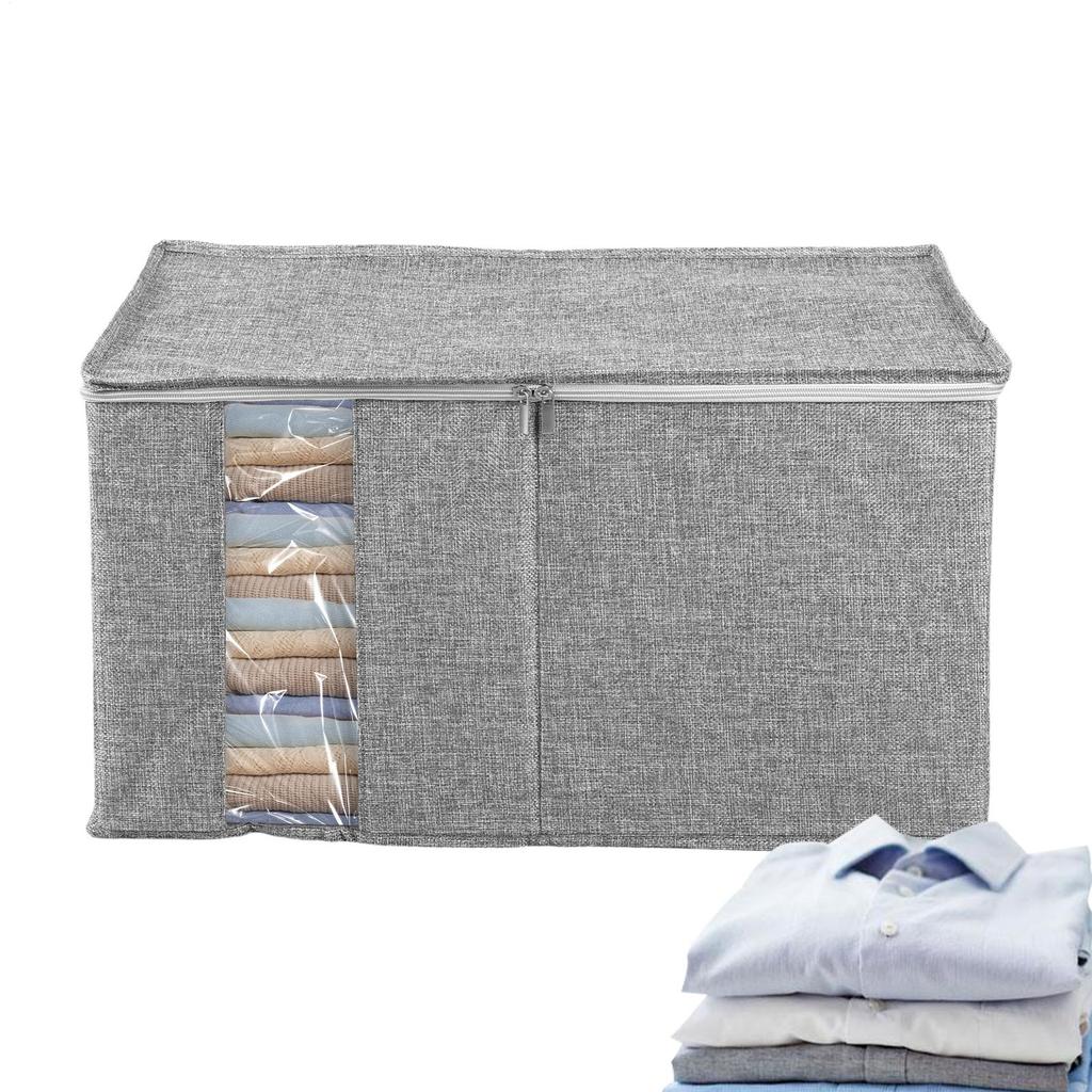 Large Capacity Clothing Storage Box Foldable Clear Window Fabric Box Clothes Storage Organizer With Lid And Zipper For Blanket