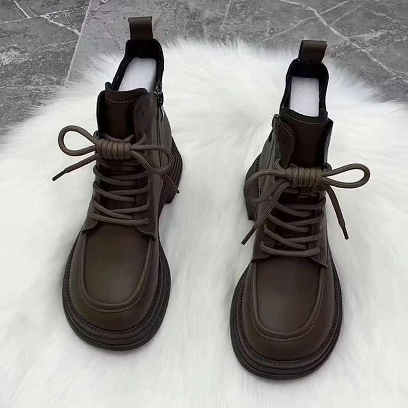 Retro British Martin Boots Women's Autumn and Winter New Thick-soled Lace-up Velvet Thermal Short Boots