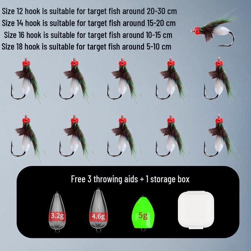 Set de Anzuelos Luminosos para Mosquitos y Moscas: Montaje de Jurel Rayado Blanco con Señuelo de Pluma y Cebo Imitación Semilla de Melón