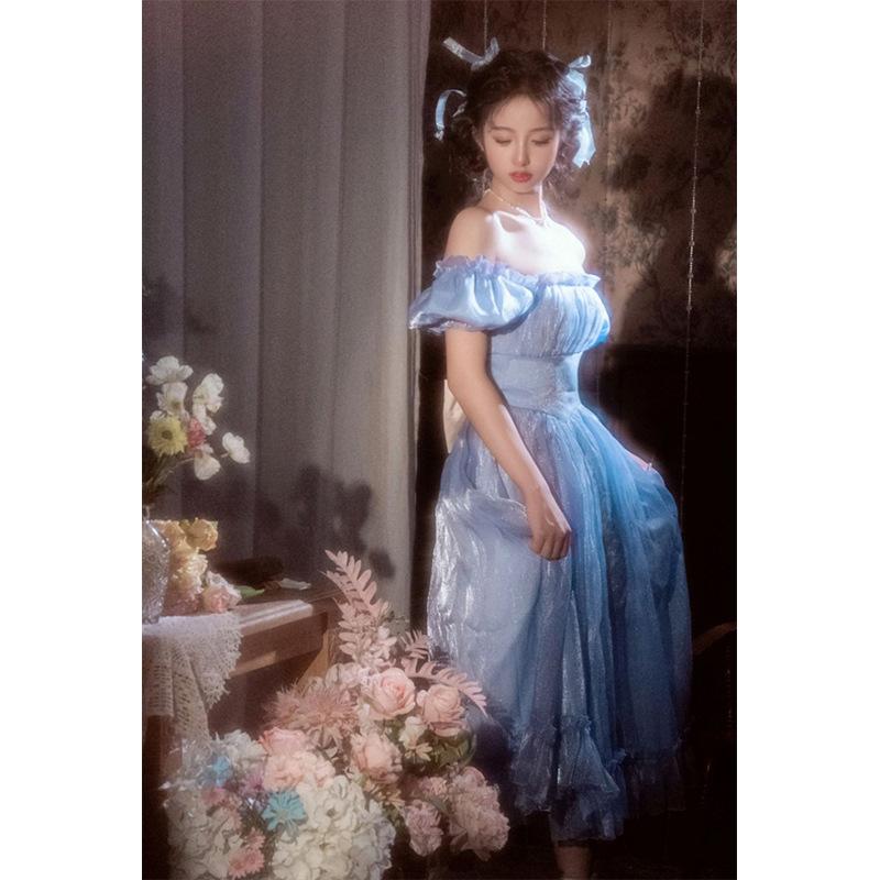 Lekka suknia ślubna 2025 nowa sukienka w stylu retro z Hongkongu niebieska wysokiej klasy sukienka studencka dla dorosłych sukienka księżniczki