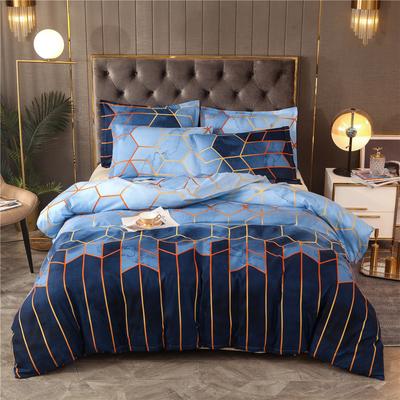 Gold Line Geometric Rhombus Color Grid Three-Piece Quilt Cover, Pillowcase, Reverse Solid Color Kit Bedding