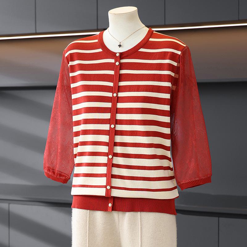 Trendy Spring Striped Knit Top for Moms - New Style for Middle-Aged and Elderly Women, Lightweight Base Layer Shirt