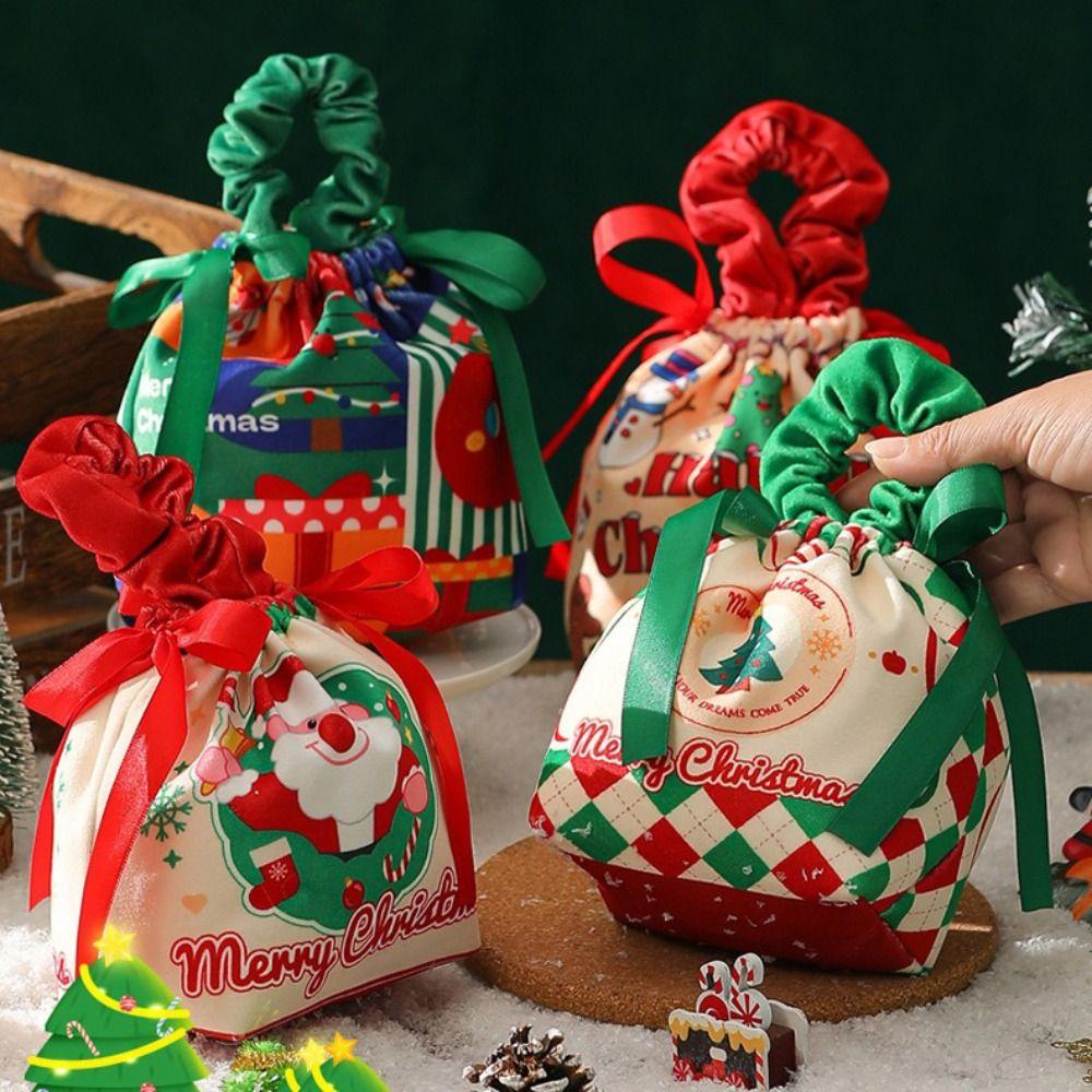 Bow Closure Christmas Gift Bag Velvet Material Portable Design Drawstring Pouches DIY Creative Handbag Style Festival Gift Bag
