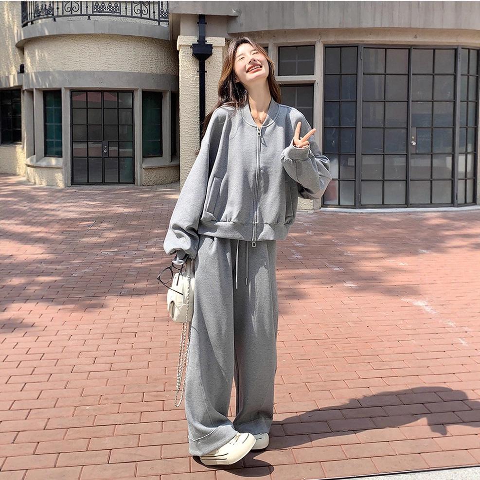 

Women s Autumn/Winter Korean Style Loose Hoodie & Wide-Leg Sweatpants Set Gray (Regular)
