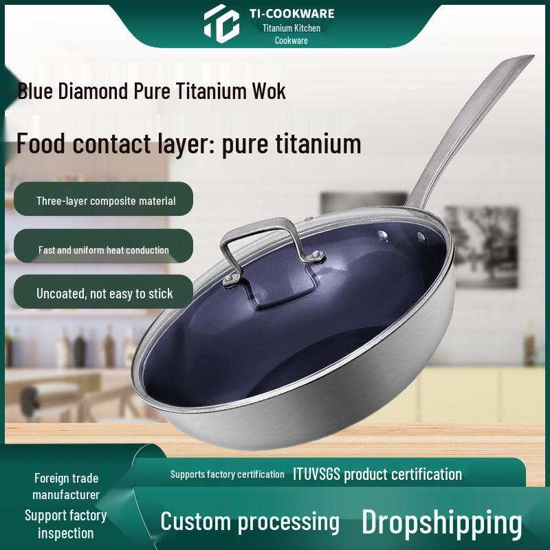 Unbeschichteter Reiner Titan Antihaft-Wok, Blauer Diamant, Ölfrei, Geeignet für Induktionsherde und Gasherde.
