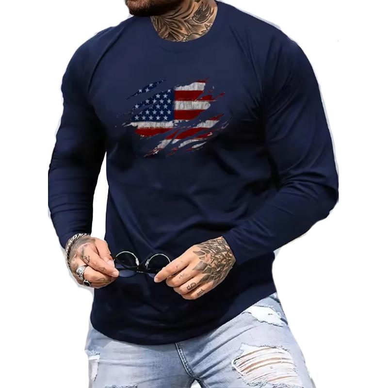 T-shirt d'été à manches longues pour homme motif drapeau américain col rond confortable polyester adapté pour l'extérieur