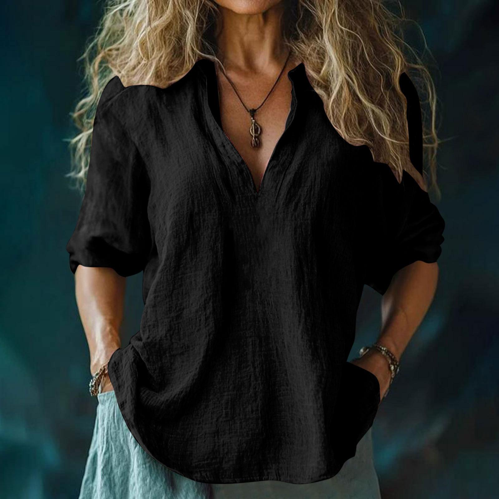 

Women s Fashion Casual V-Neck Cotton-Linen Blend Shirt Loose-Fit Short-Sleeve Top XL чорний