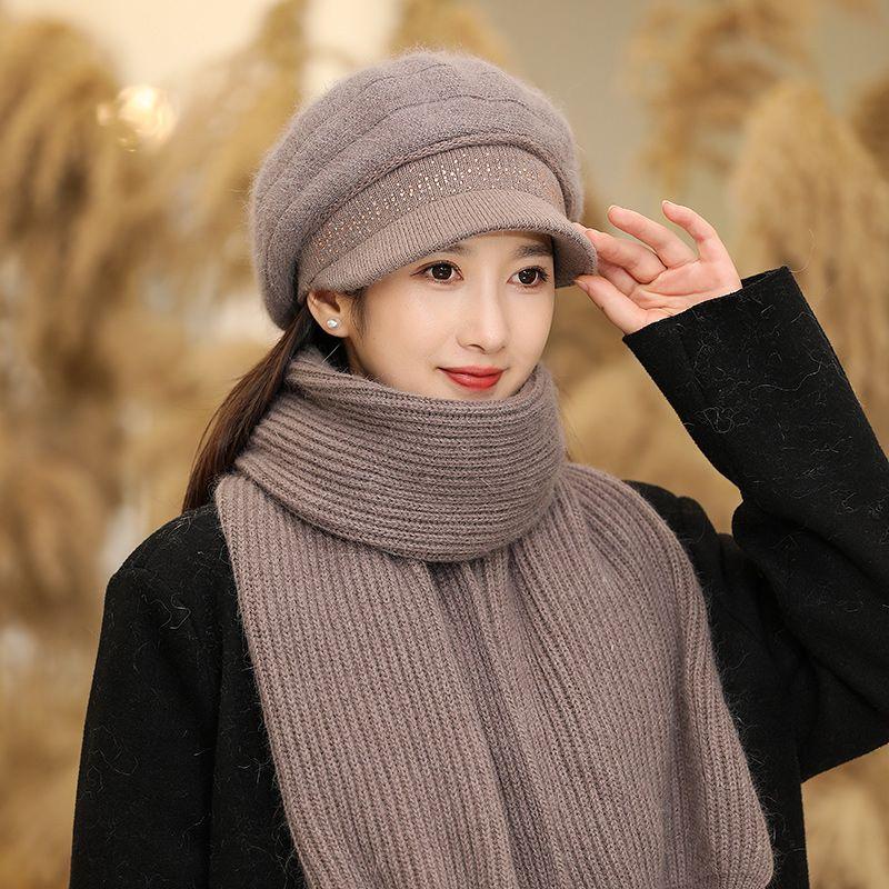 WTEMPO Cold-proof Windproof Warm Solid Color Ear Protection Elastic Hats Women's Autumn Winter Casual Verstaile Retro Elegant Hat + Scarf Set