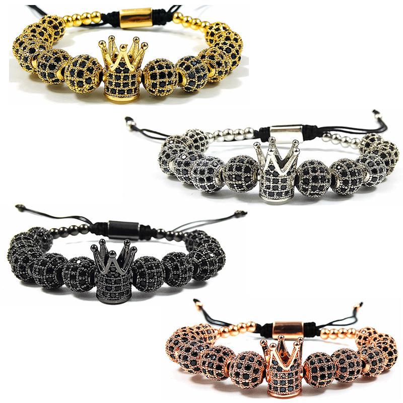 European & American Style 8mm CZ Zirconia Diamond Ball Crown Woven Beaded Bracelet for Men & Women, Punk Style